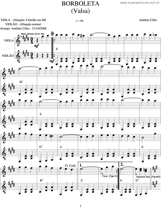 Partitura da música Borboleta v.2