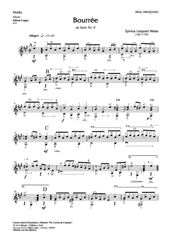 Partitura da música Bourrée (Suíte No. 8 para Alaúde)