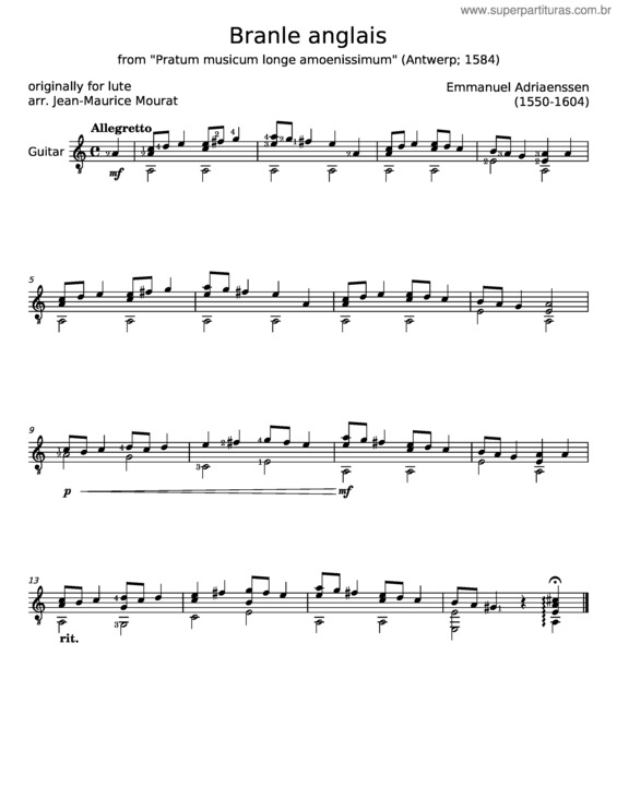Partitura da música Branle Anglais – Emanuel Adriaenssen