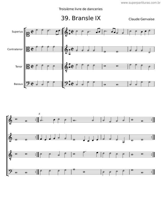 Partitura da música Bransle De Champagne Ix, 6E Livre De Danceries – Claude Gervaise