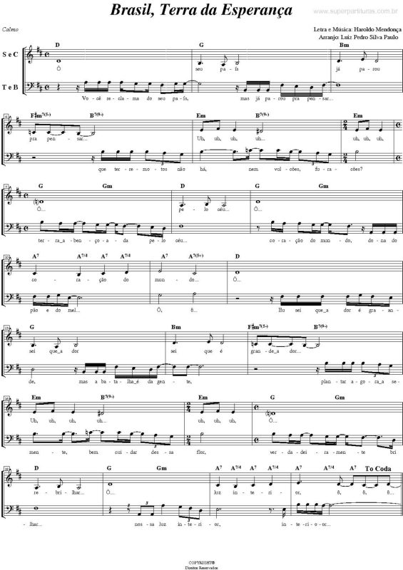 Partitura da música Brasil, Terra da Esperança