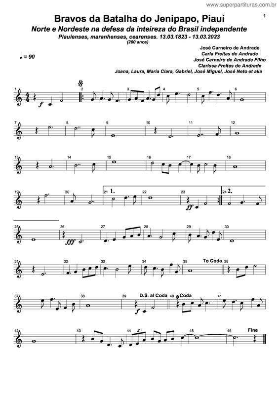 Partitura da música Bravos Da Batalha Do Jenipapo, Piauí