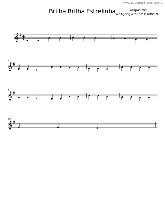 Partitura da música Brilha, Brilha, Estrelinha – Wolfgang Amadeus Mozart v.2