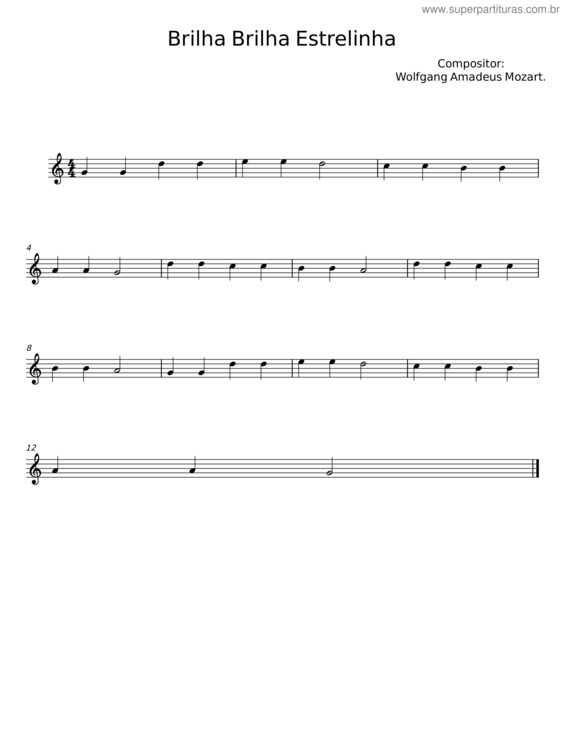 Partitura da música Brilha, Brilha, Estrelinha – Wolfgang Amadeus Mozart