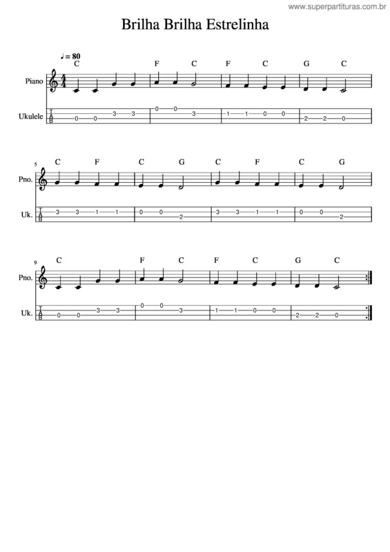 Partitura da música Brilha Brilha Estrelinha – Ukulele Tablatura