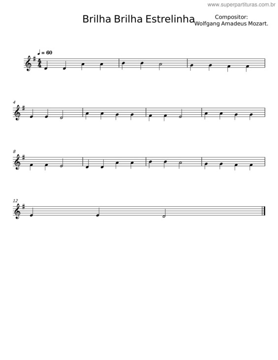 Partitura da música Brilha Brilha Estrelinha – Wolfgang Amadeus Mozart