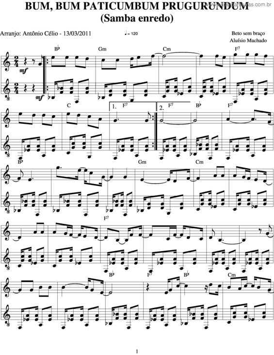 Partitura da música Bum, Bum Paticumbum Prugurundum v.2