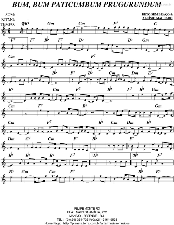 Partitura da música BUM, BUM PATICUMBUM PRUGURUNDUM