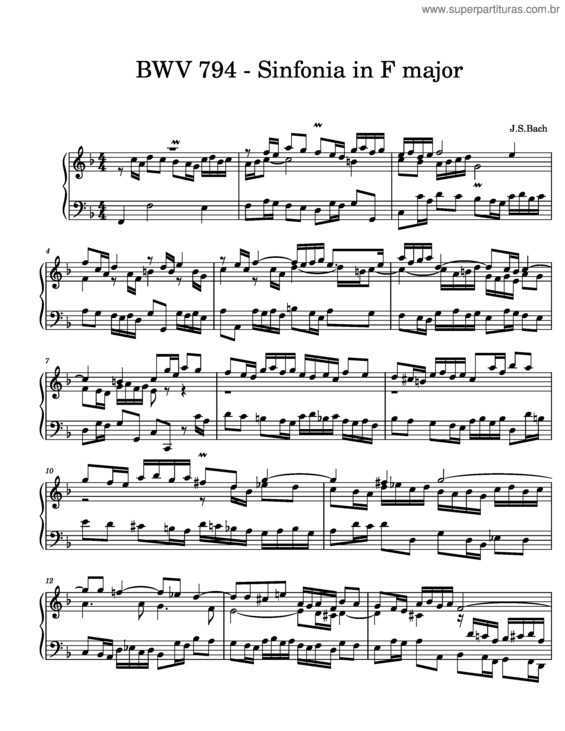 Partitura da música Bwv 794 – Sinfonia No. 8  In F Major