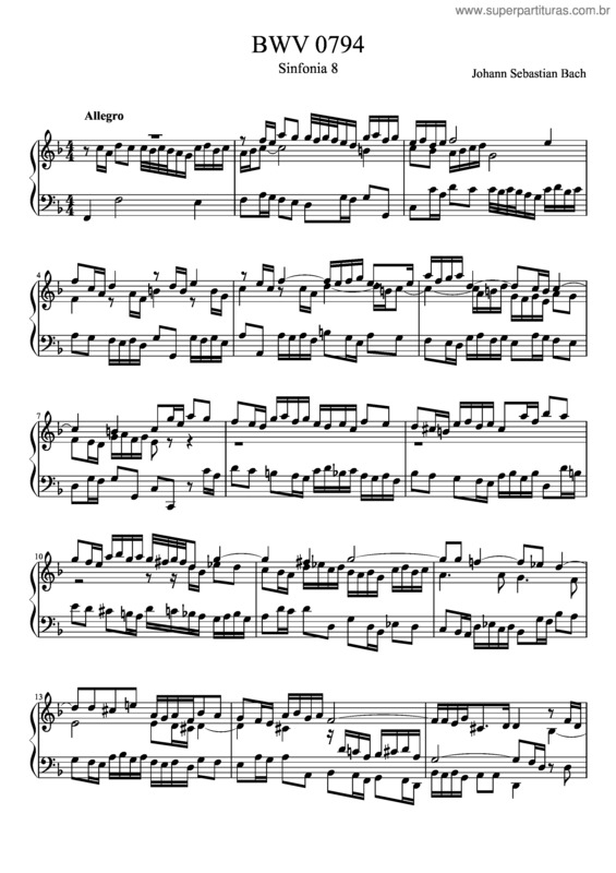 Partitura da música Bwv 794 Sinfonia Viii