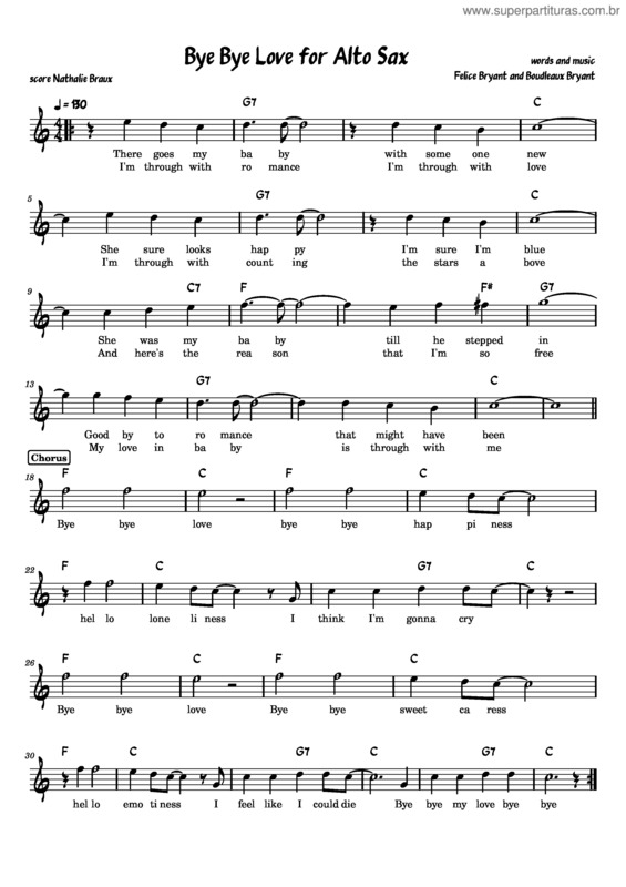 Partitura da música Bye Bye, Love – Felice Bryant And Boudleaux Bryant Bye Bye Love For Alto Sax