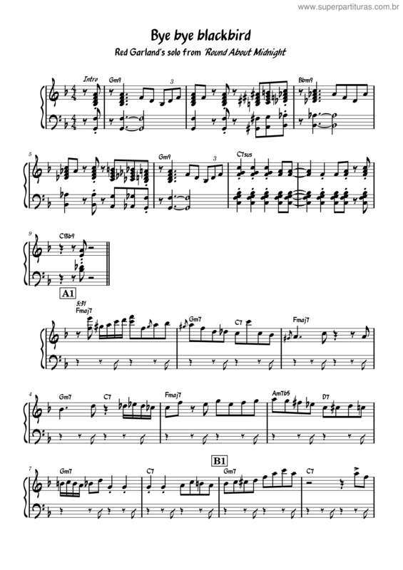 Partitura da música Bye Bye Blackbird – Ray Henderson – Red Garland Transcription