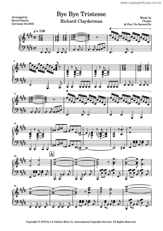 Partitura da música Bye Bye Tristesse – Richard Clayderman
