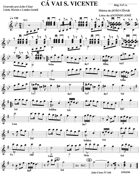 Partitura da música Cá Vais S. Vicente