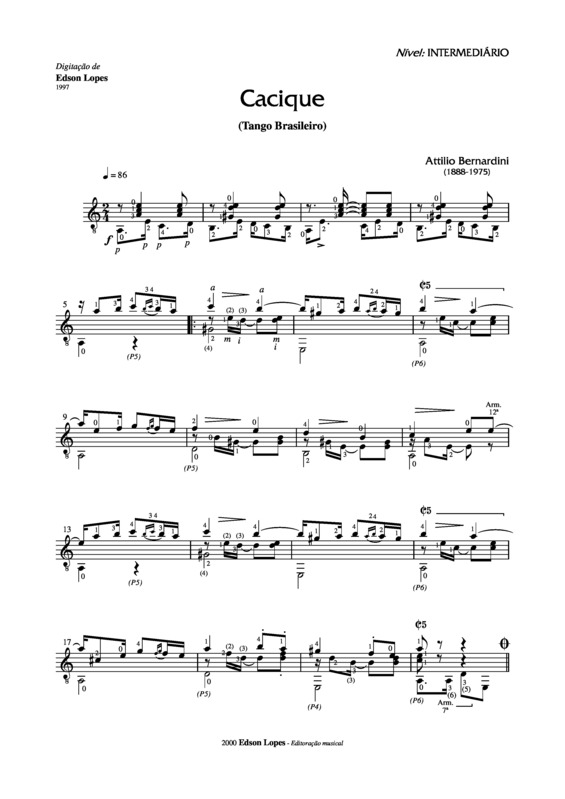 Partitura da música Cacique (Tango Brasileiro)