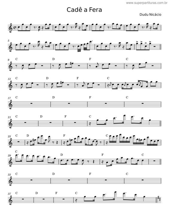 Partitura da música Cadê A Fera – Dudu Nicácio