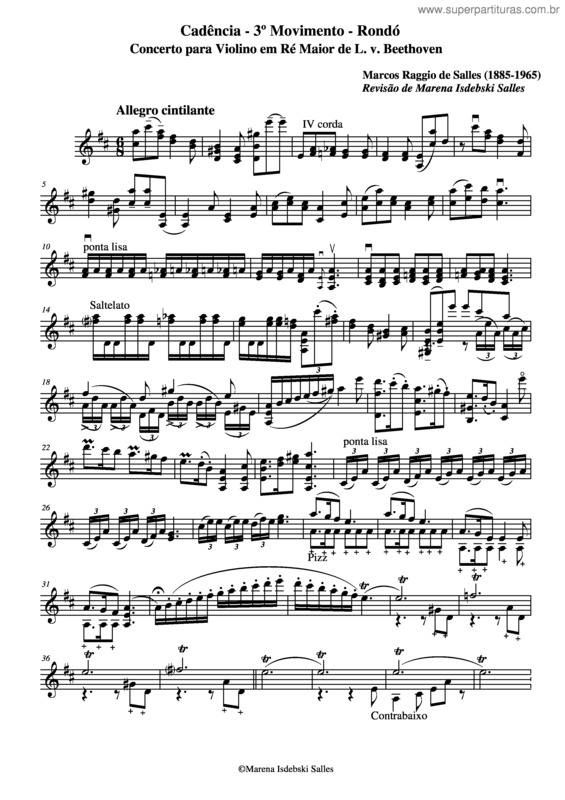 Partitura da música Cadência para concerto de violino de Beethoven