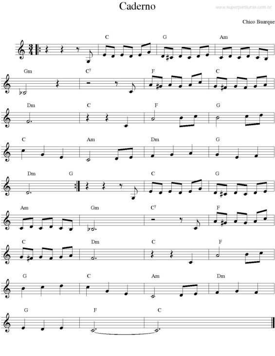 Partitura da música Caderno