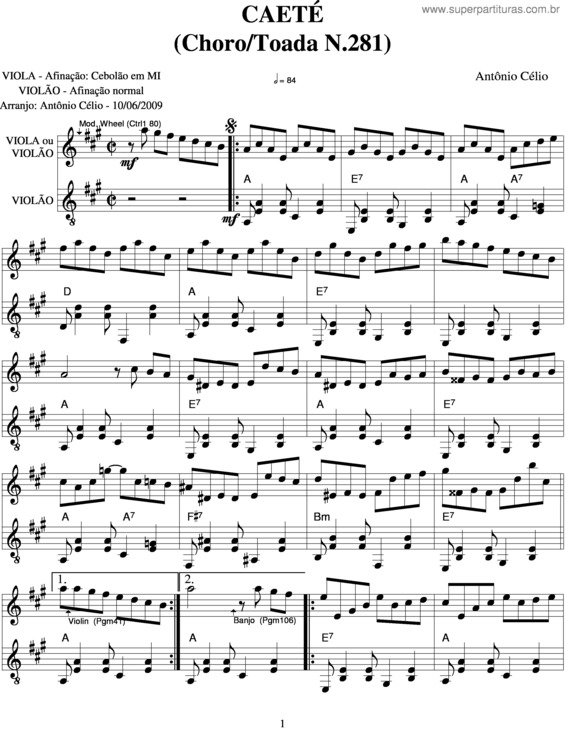 Partitura da música Caeté