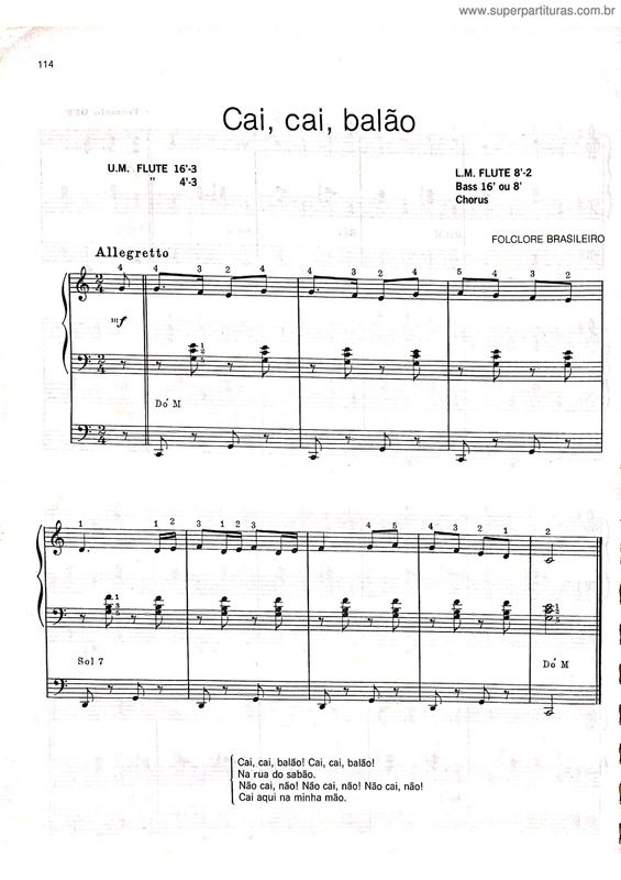 Partitura da música Cai, Cai, Balão v.2