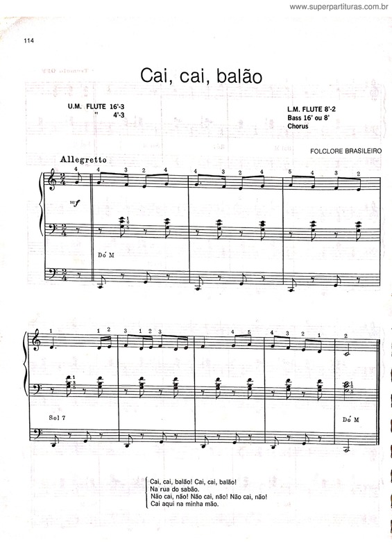 Partituras Musicais para Orgão e Teclado. - Outra Partitura da música  Infantil: Cai, cai balão!!