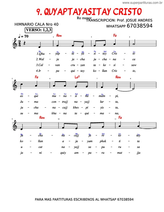 Partitura da música Cala 40 Quyaptayasitay Cristo Teclado – Jos Mamani v.2