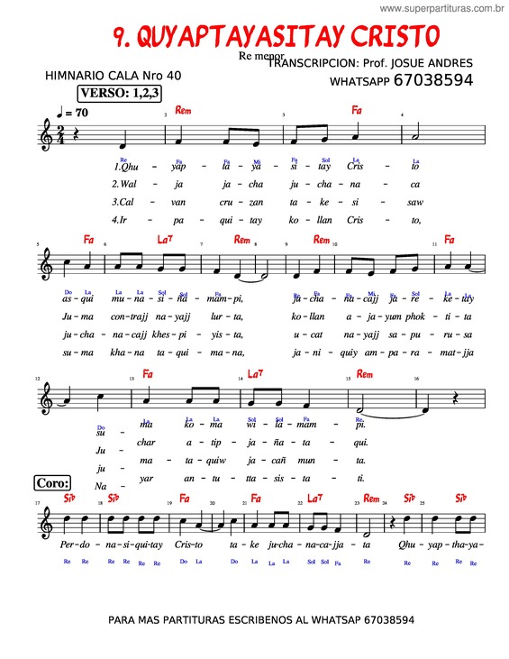 Partitura da música Cala 40 Quyaptayasitay Cristo Teclado – Jos Mamani