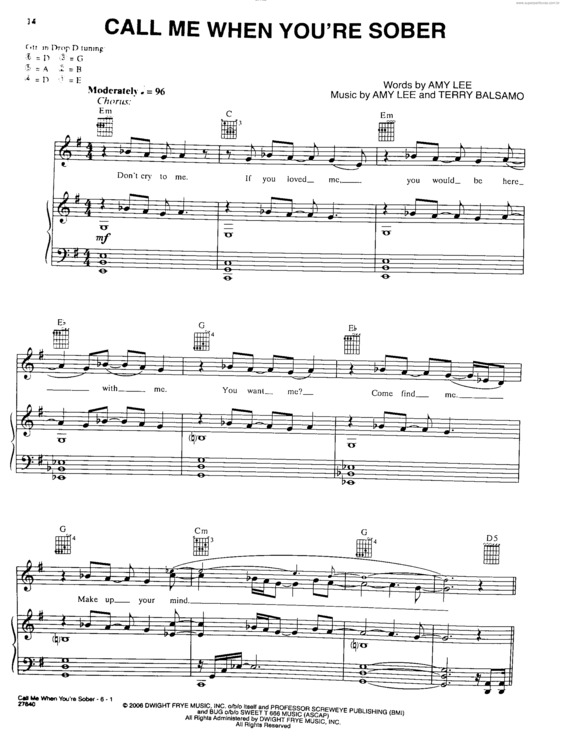 Partitura da música Call Me When You`re Sober v.2