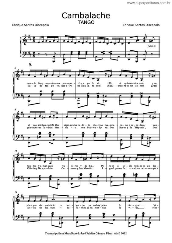 Partitura da música Cambalache – Enrique Santos Discépolo