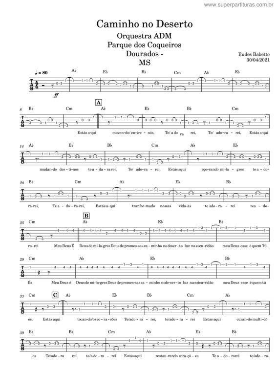 Partitura da música Caminho No Deserto – Projeto Música Para Mais Um – Eudes Babetto