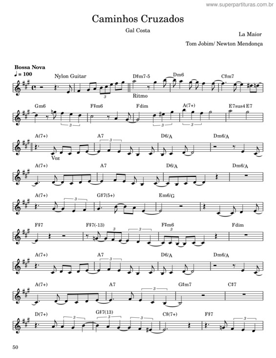 Partitura da música Caminhos Cruzados – Tom Jobim