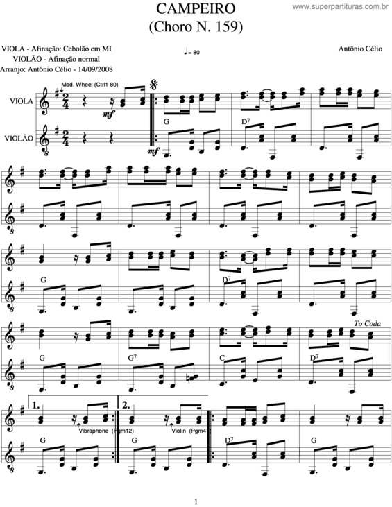 Partitura da música Campeiro