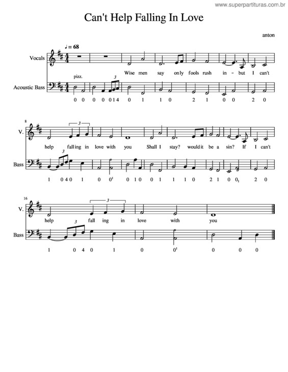 Partitura da música Can`T Help Falling In Love – Bass And Vocals