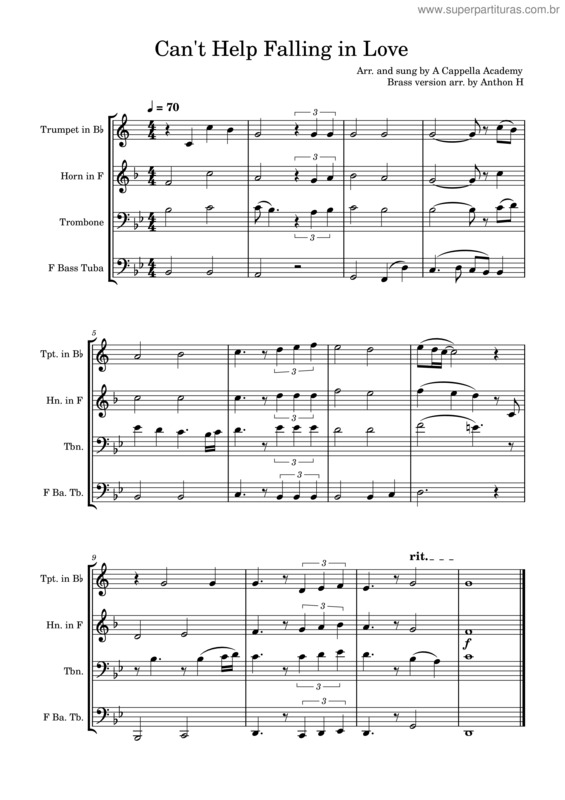 Partitura da música Can`T Help Falling In Love – Elvis Presley Can`T Help Falling In Love – Brass Quartet – Elvis Presley
