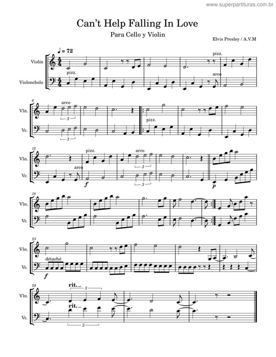 Partitura da música Can`T Help Falling In Love – Elvis Presley Can`T Help Falling In Love For Cello And Violin Simple – Elvis Presley
