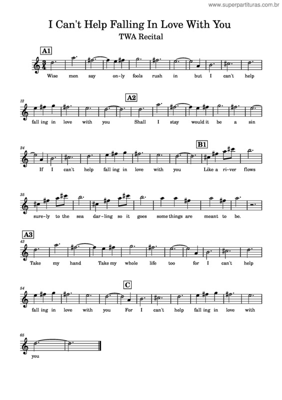 Partitura da música Can`T Help Falling In Love – Elvis Presley I Can`T Help Falling In Love With You Twa Recital