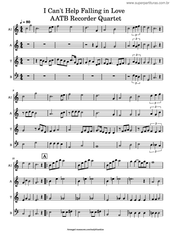 Partitura da música Can`T Help Falling In Love Aatb Recorder Quartet
