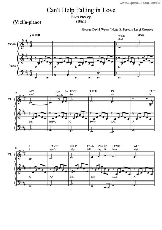 Partitura da música Can`T Help Falling In Love/Elvis Presley