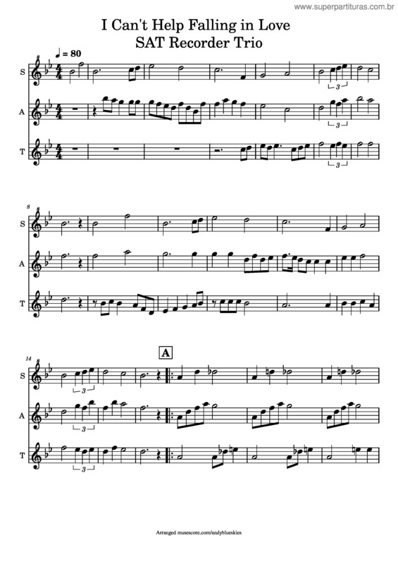 Partitura da música Can`T Help Falling In Love Sat Recorder Trio