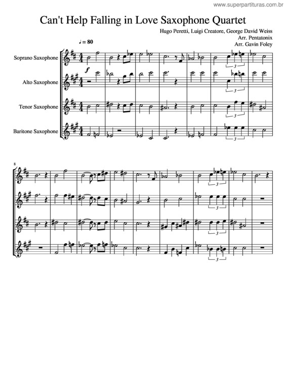 Partitura da música Can`T Help Falling In Love Saxophone Quartet