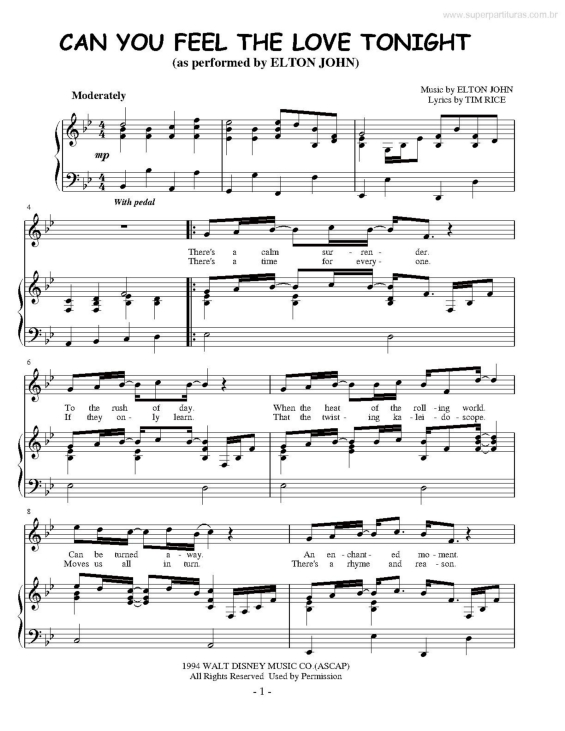 Partitura da música Can You Feel The Love Tonight (Rei Leão) v.2