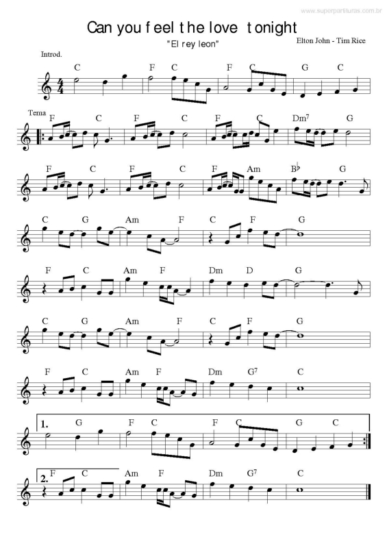 Partitura da música Can You Feel The Love Tonight v.2