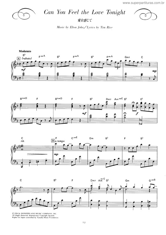 Partitura da música Can You Feel The Love Tonight v.8