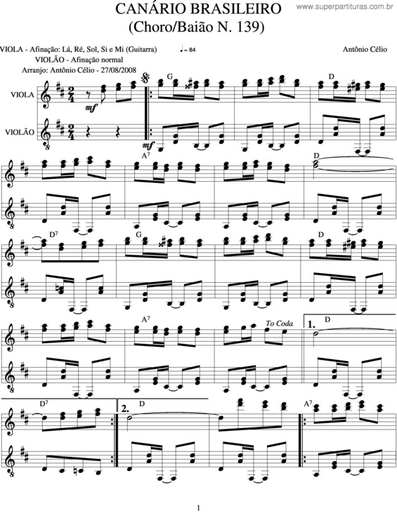 Partitura da música Canario Brasileiro