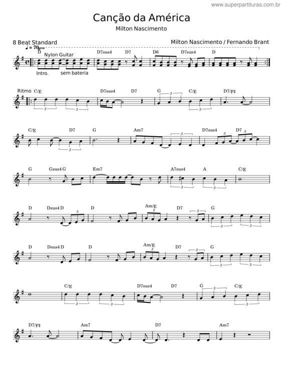 Partitura da música Canção Da América – Milton Nascimento