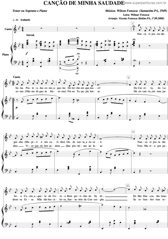 Partitura da música Canção de minha saudade