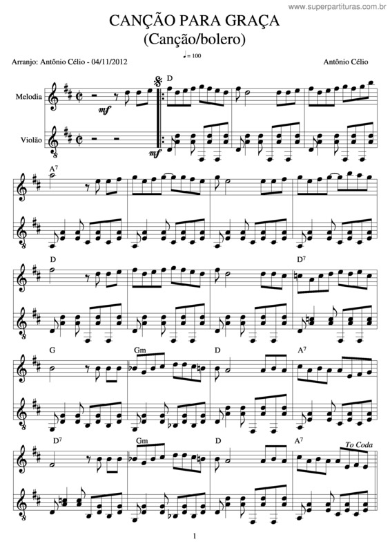 Partitura da música Canção Para Graça