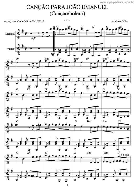 Partitura da música Canção Para João Emanuel