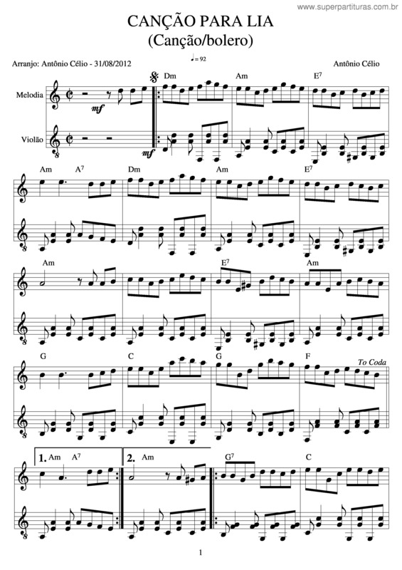 Partitura da música Canção Para Lia