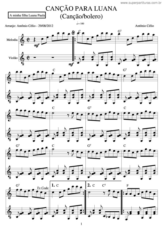 Partitura da música Canção Para Luana